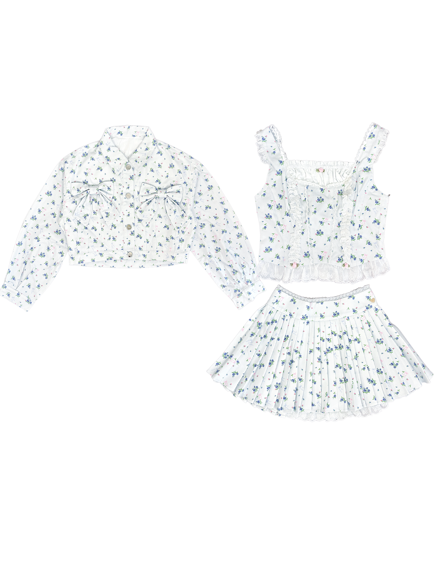 3pc petit floral denim set up