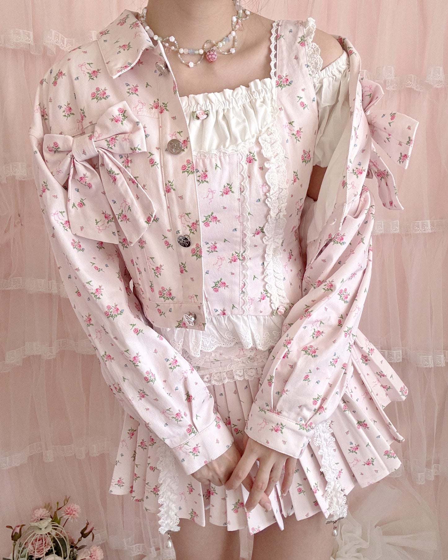 petit floral denim twin ribbon jacket
