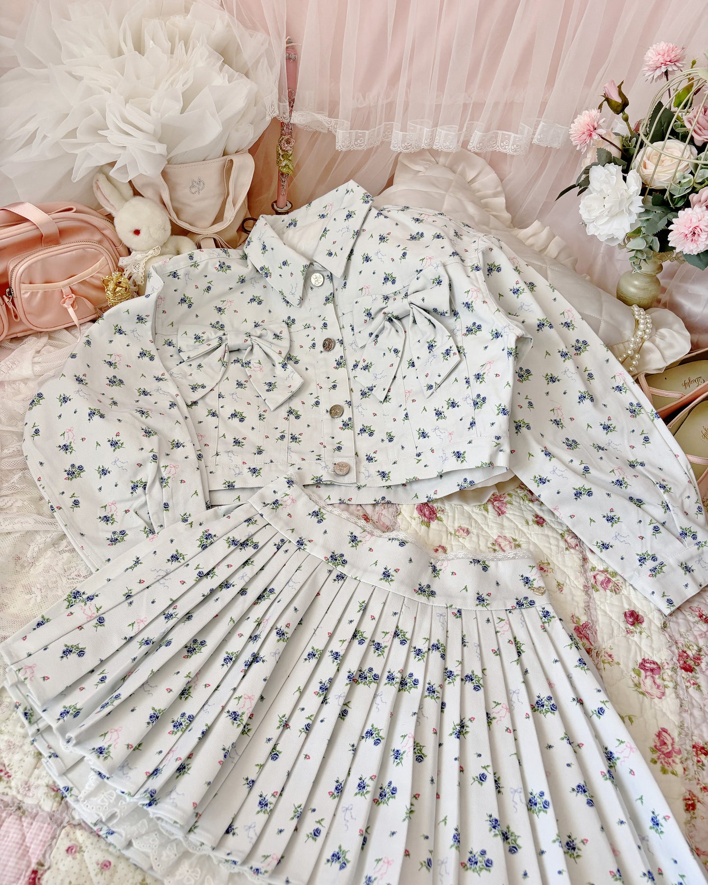 petit floral denim twin ribbon jacket