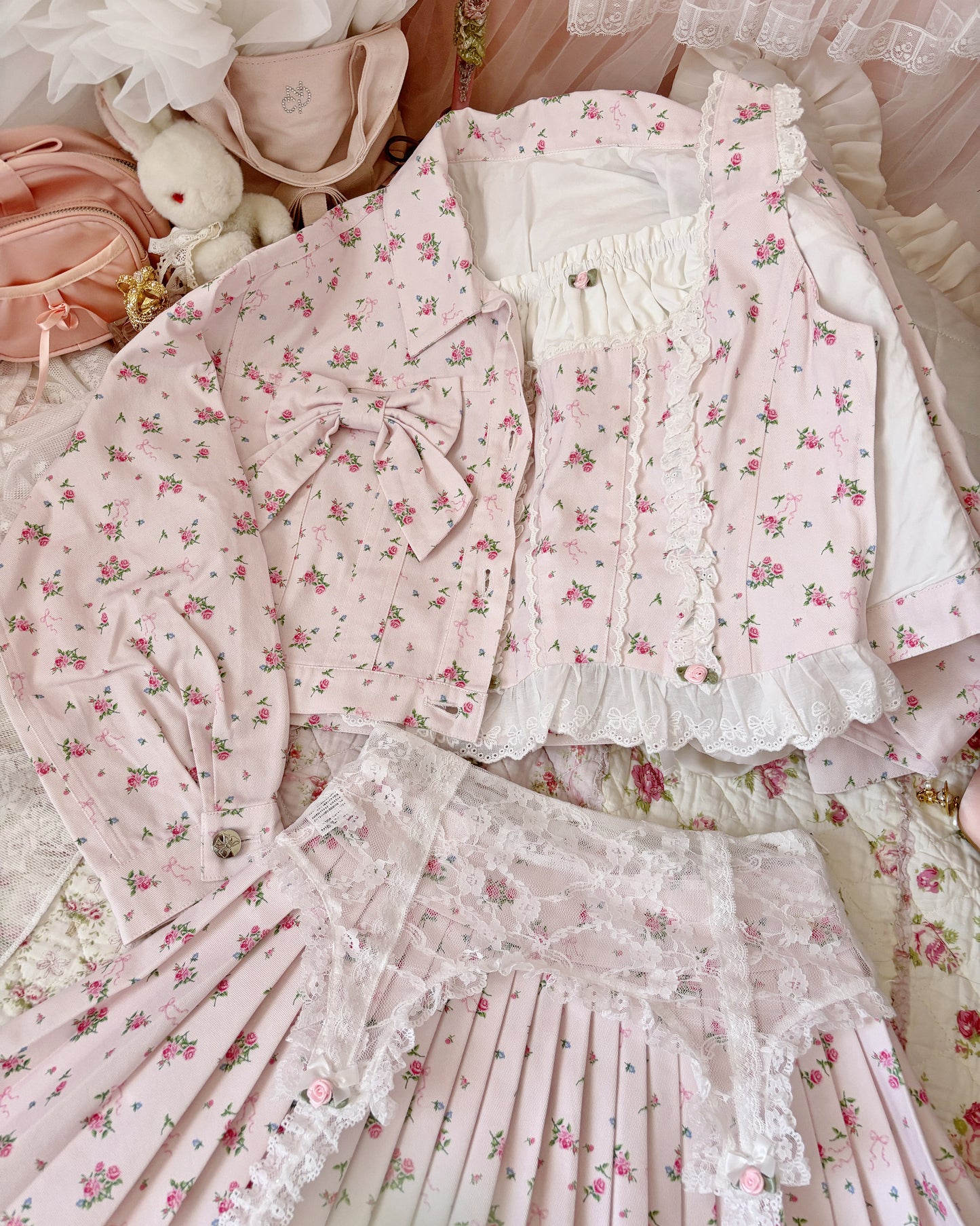 petit floral denim twin ribbon jacket