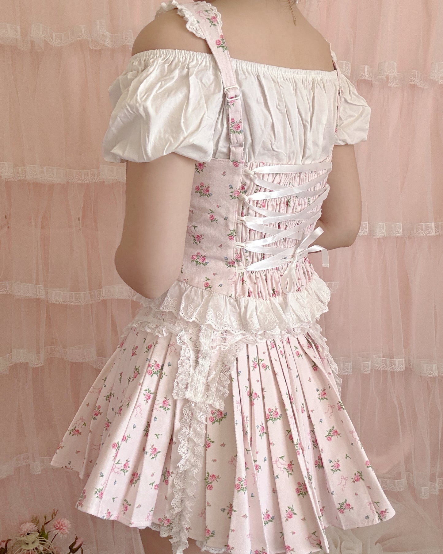4pc petit floral denim + lace garterbelt set up