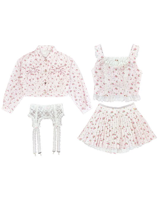 4pc petit floral denim + lace garterbelt set up