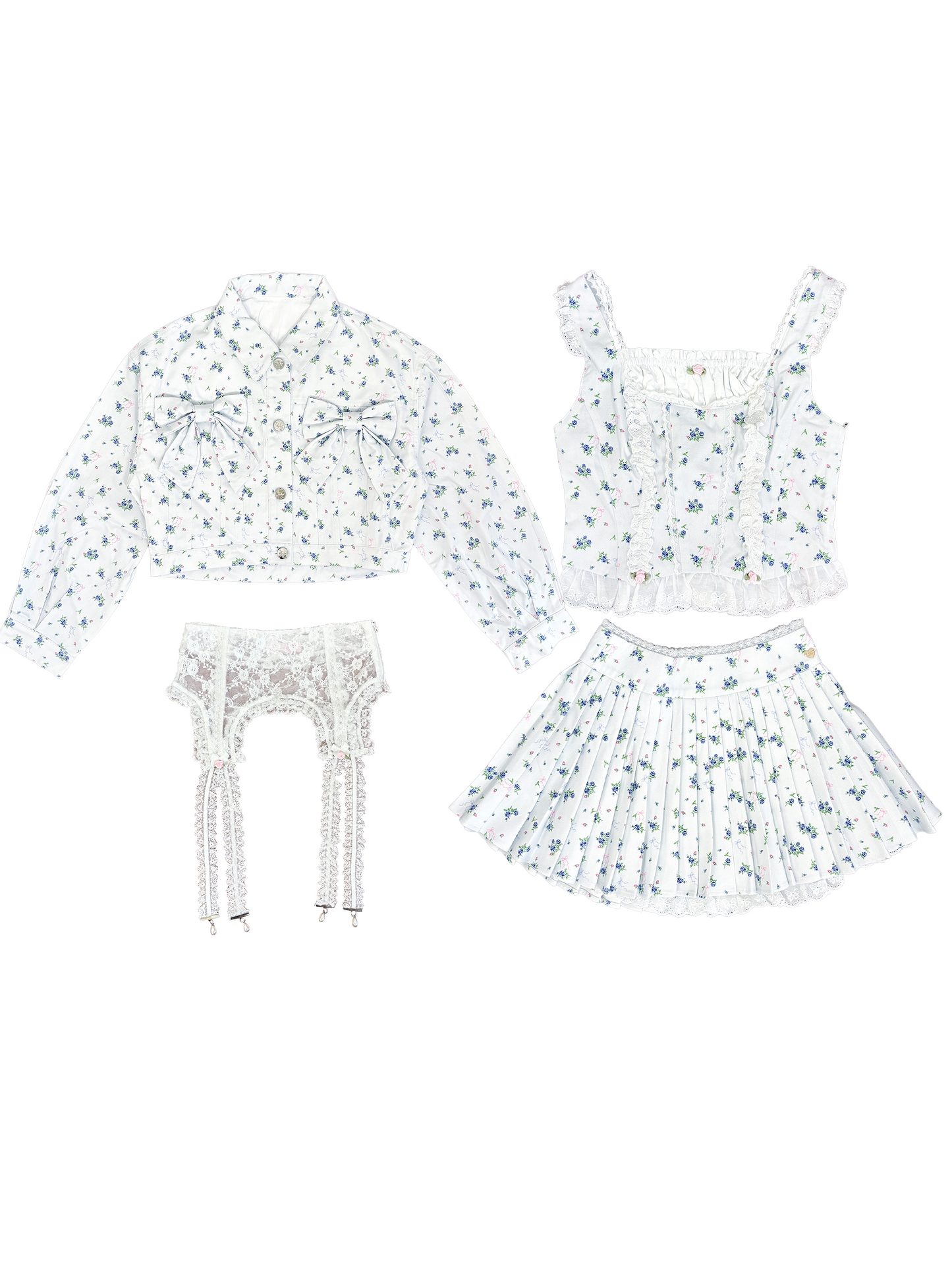 4pc petit floral denim + lace garterbelt set up