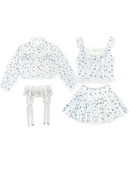 4pc petit floral denim + lace garterbelt set up