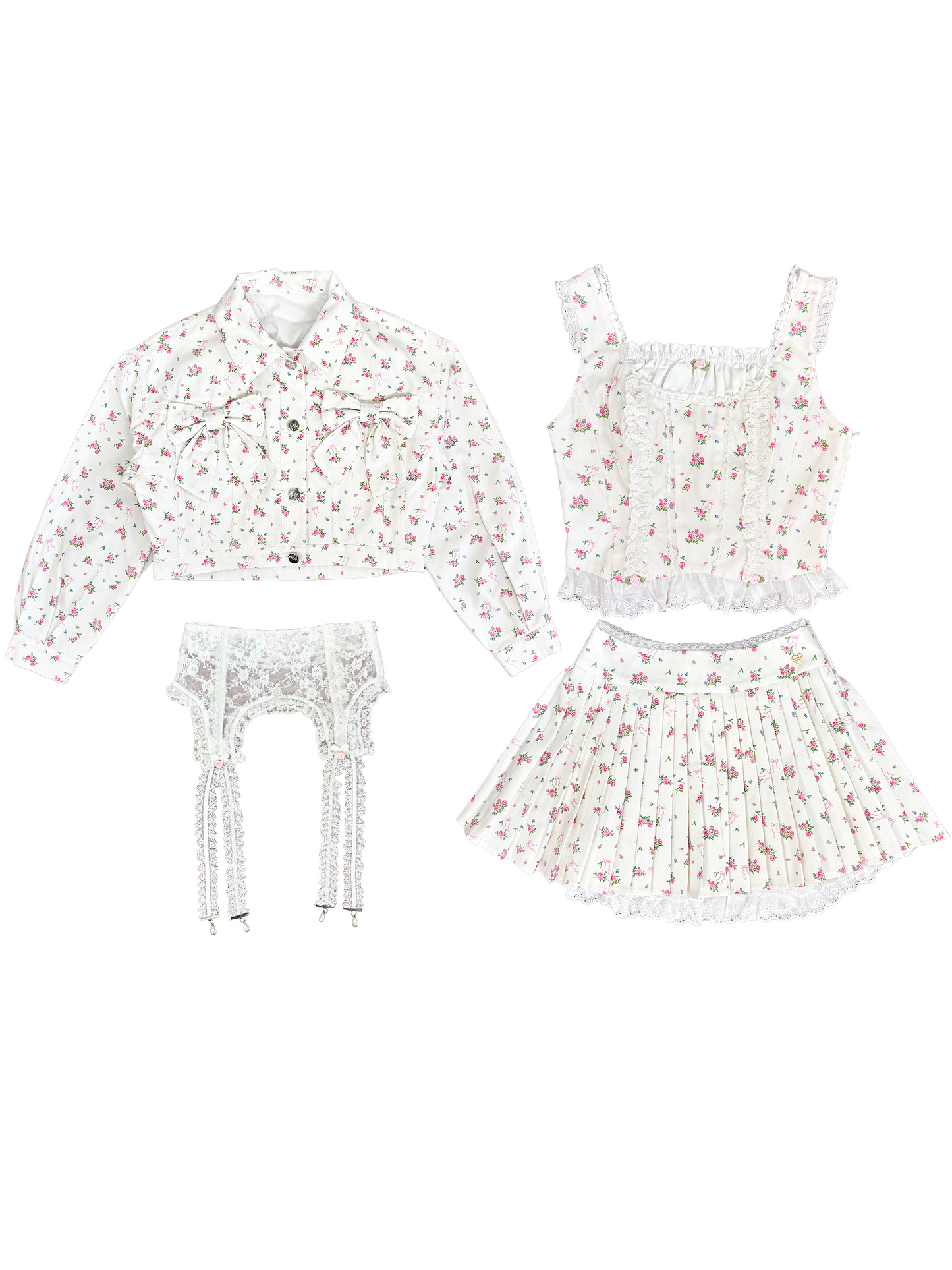 4pc petit floral denim + lace garterbelt set up