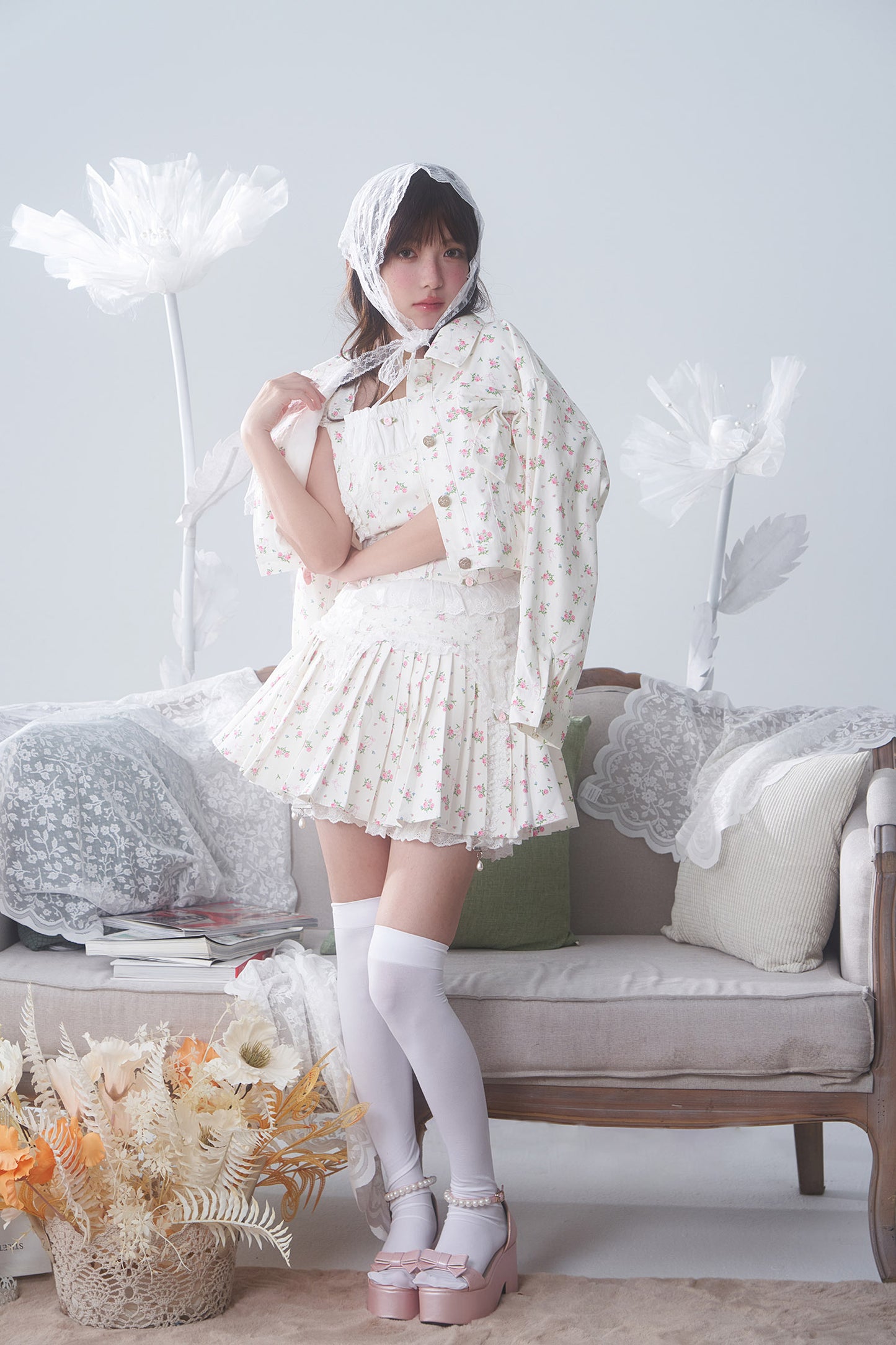 4pc petit floral denim + lace garterbelt set up