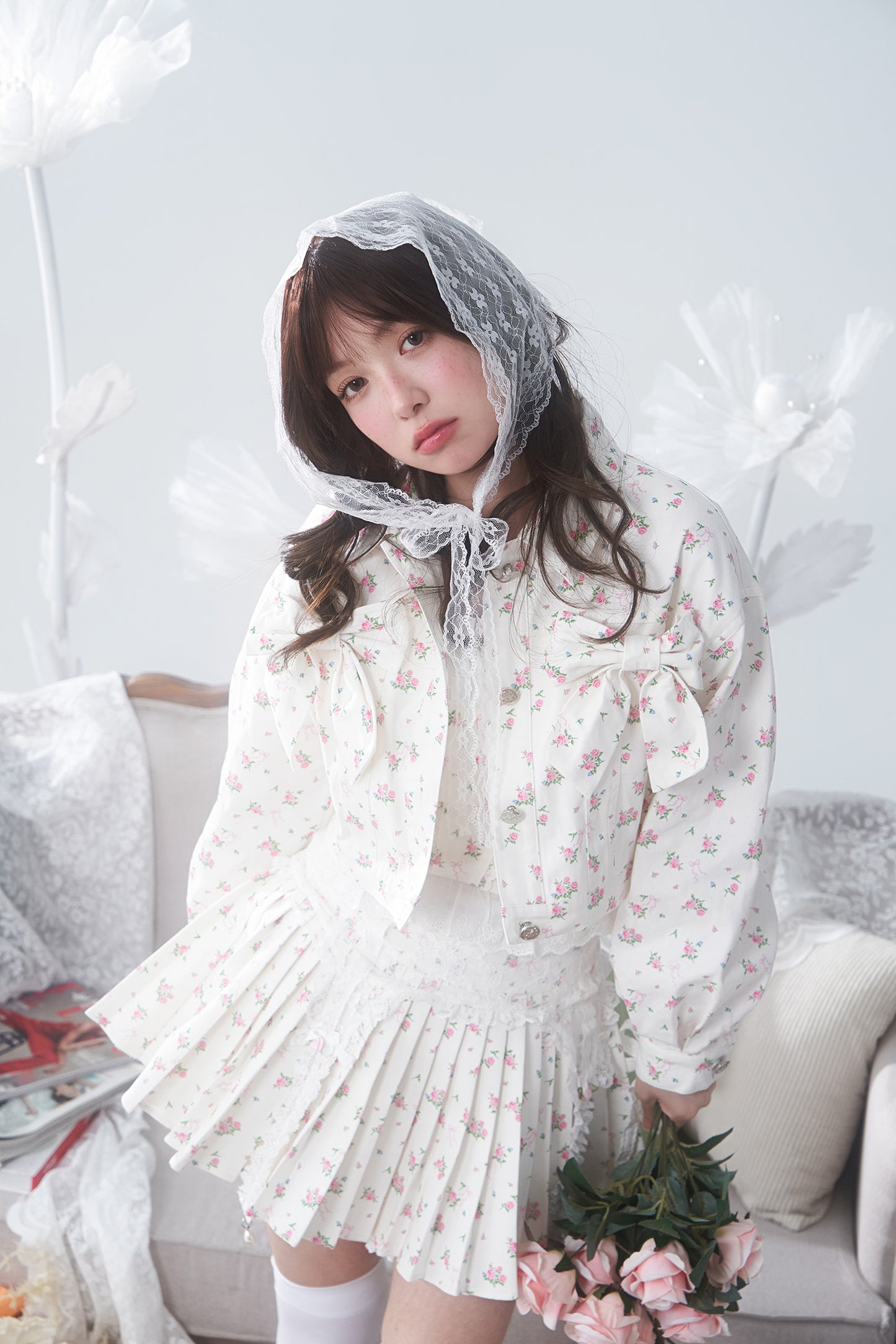 4pc petit floral denim + lace garterbelt set up