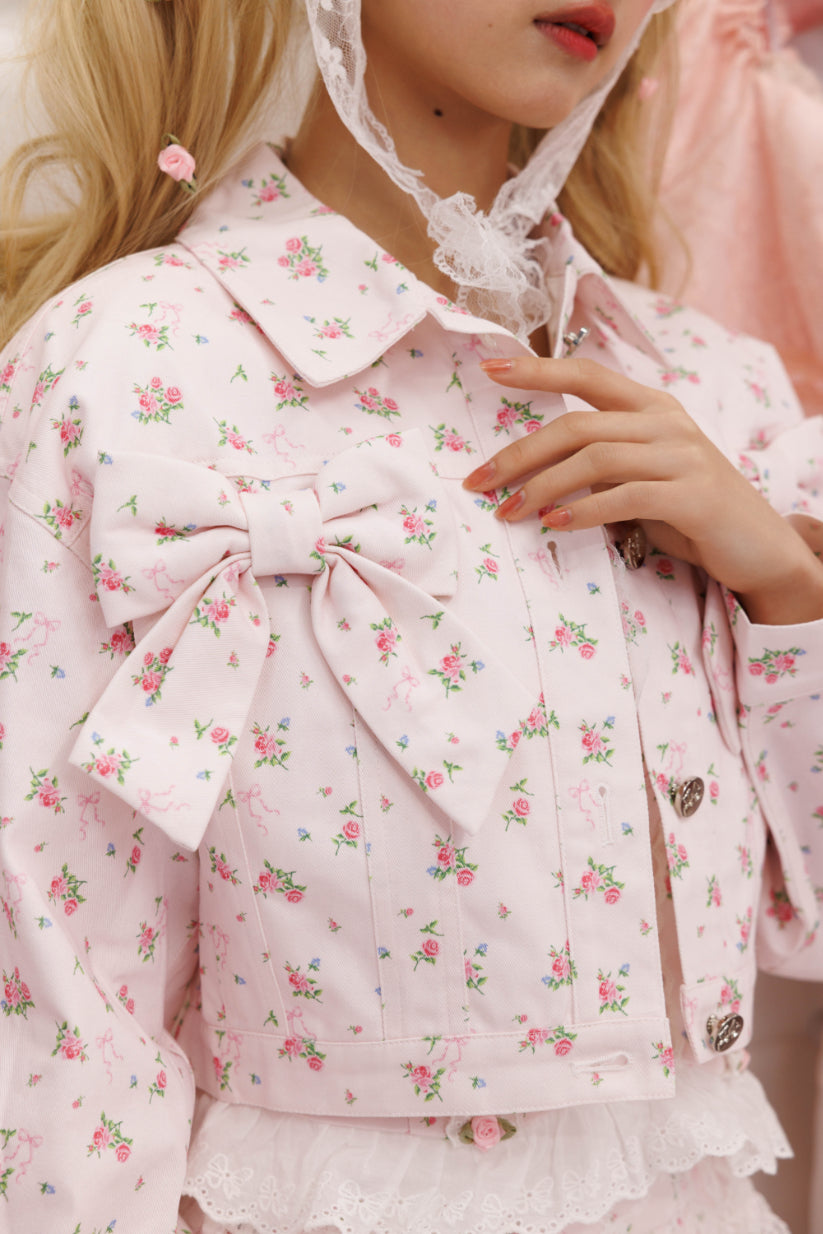 petit floral denim twin ribbon jacket