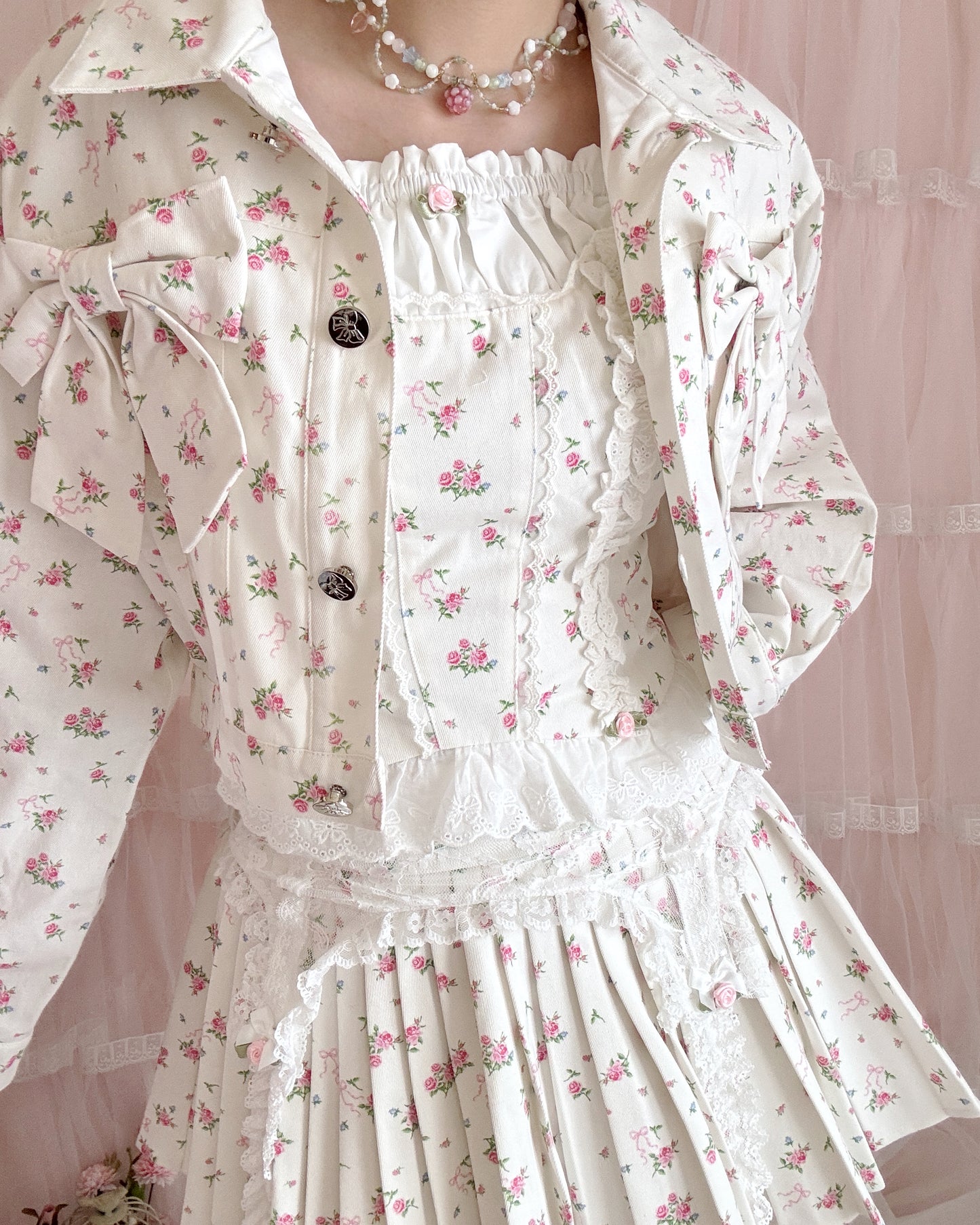 4pc petit floral denim + lace garterbelt set up